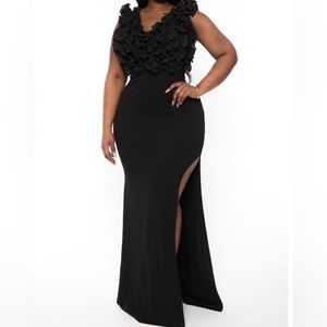Black Plus Size 3X Ruffled Maxi Gown Party Wedding Formal Dress w/ Slit